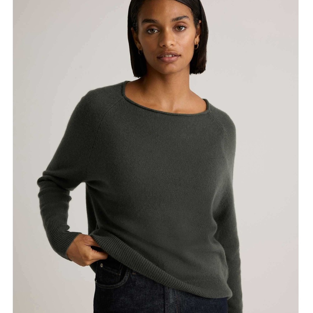 Quince 100% Mongolian Cashmere Boat Neck Sweater Dark Olive Green Small